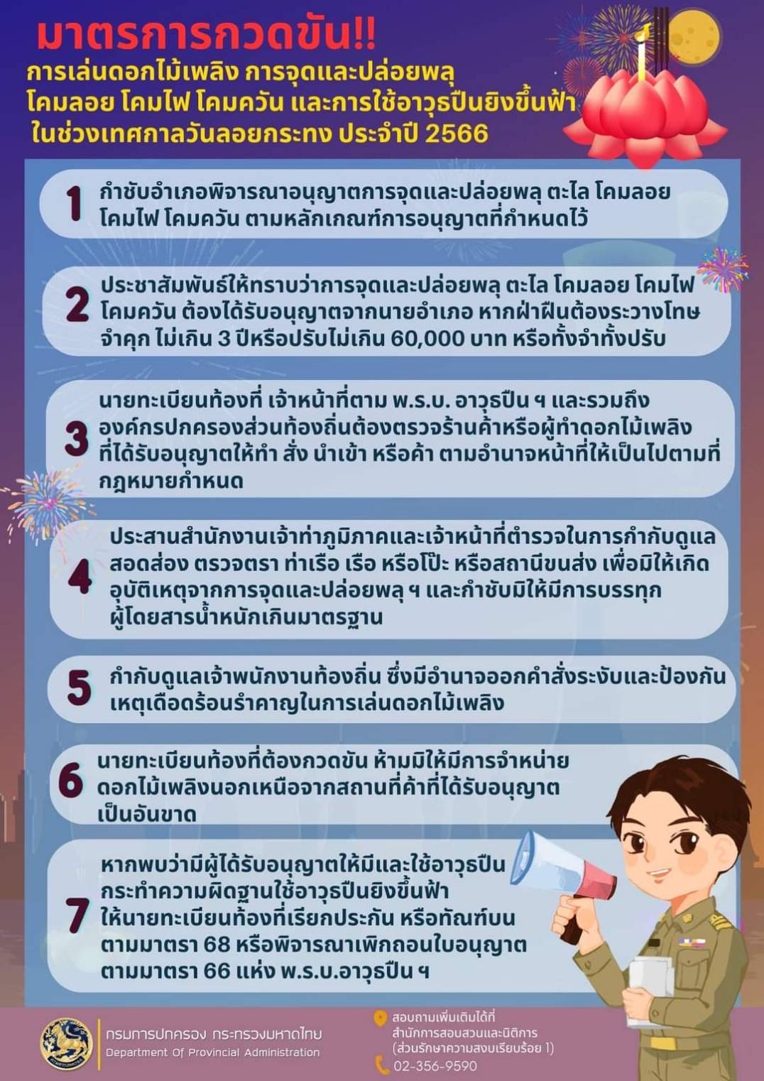มาตรการกวดขัน การเล่นดอกไม้เพลิง การจุดและการปล่อยพลุ โคมลอย โคมไฟ และการใช้อาวุธปืนยิงขึ้นฟ้าในช่วงเทศกาลวันลอยกระทง ประจำปี 2566